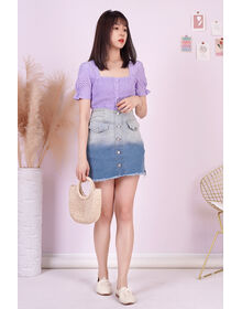 Fine Square Neck Shirred Front Button Down Eyelet Top (Purple)
